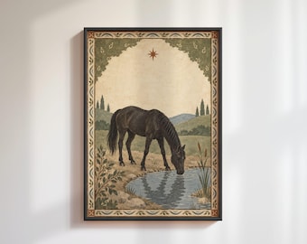 Black Horse Drinking Water Poster: Pastoral Pond Folk Illustration, Equestrian Home Decor