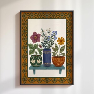 Houseplant Trio Art Print: Folk Ceramic Pot Poster, Botanical Gallery Decor