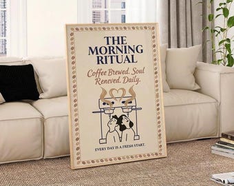 Morning Ritual Quote Poster, Retro Coffee Kitchen Folk Art, Illustration for Coffee Lovers