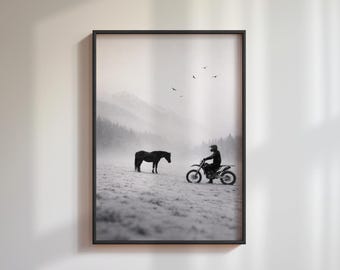 Motocross and Horse Print, Black and White Fine Art Photography, Foggy Winter Landscape, Scandi Poster, Man Cave Decor