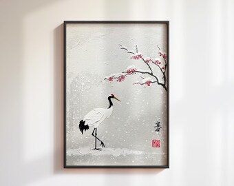 Japanese Crane Art Print: Antique Painting, Japandi Decor (Digital Download)