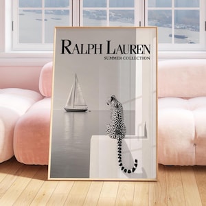 Póster de revista de moda vintage con guepardo sentado en la pared, impresión artística antigua de Ralph Lauren, impresión de moda de lujo, decoración de pared estética en blanco y negro