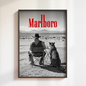 Black and white Marlboro cowboy and cheetah poster, retro western wall art print for vintage home decor and mancave decoration.