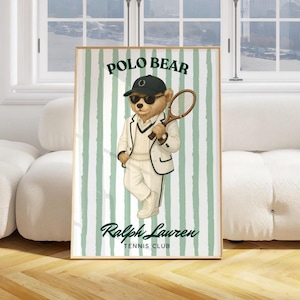 Vintage Tennis Bear Wall Art, Retro Sports Nursery Decor, Classic Teddy Bear Poster, Kids Room Tennis Print, Grand Slam Inspired Art