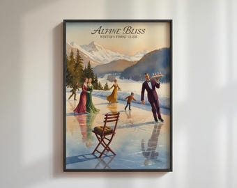 Vintage Alpine Bliss Winter Poster, Ice Skating Wall Art, Retro Mountain Landscape Print