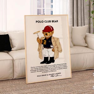 Poster di una rivista di moda vintage, poster da parete con orso del Polo Club, poster di Ralph Lauren, poster da parete retrò alla moda, stampa di moda di lusso, arte estetica della moda