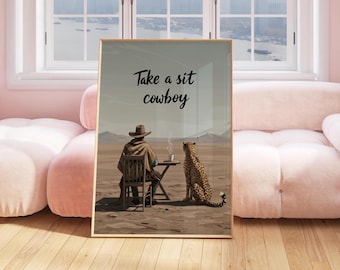 Cheetah Cowboy Desert Art Print: Surreal Western Wall Decor (Digital Download