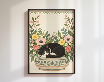 Sleeping Tuxedo Cat Print: Botanical Flower Pot Folk Art, Spring Garden Poster