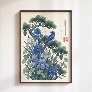 Blue Iris and Songbird Botanical Print: Japanese Pine Garden, Indigo Floral Wall Art
