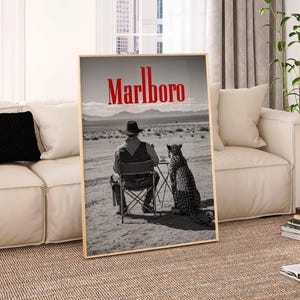 Black and white Marlboro cowboy and cheetah poster, retro western wall art print for vintage home decor and mancave decoration.