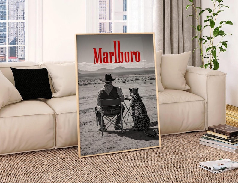 Black and white Marlboro cowboy and cheetah poster, retro western wall art print for vintage home decor and mancave decoration.
