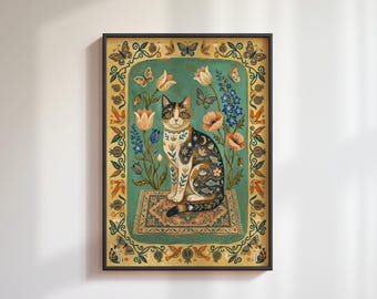 Calico Cat Print: Celestial Folk Pet Portrait, Vintage Floral Garden Wall Art