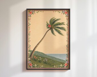 Leaning Palm Tree Poster: Floral Border Coastal Landscape, Tropical Beach Lover Gift
