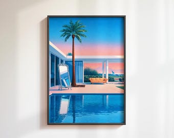 May include: Framed art print depicting a tropical scene with a pool, palm tree, and a mid-century modern house. The artwork features a vibrant blue sky, a pool with reflections, and a sunset in the background. A decorative mirror leans against the house.