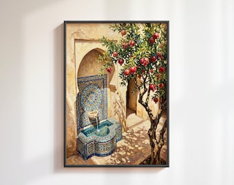 Moroccan Fountain and Pomegranate Tree Print: Mosaic Tile Courtyard, Riad Oil Painting Art