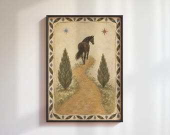 Black Horse Looking Back Wall Art: Folk Landscape Painting, Earthy Celestial Print