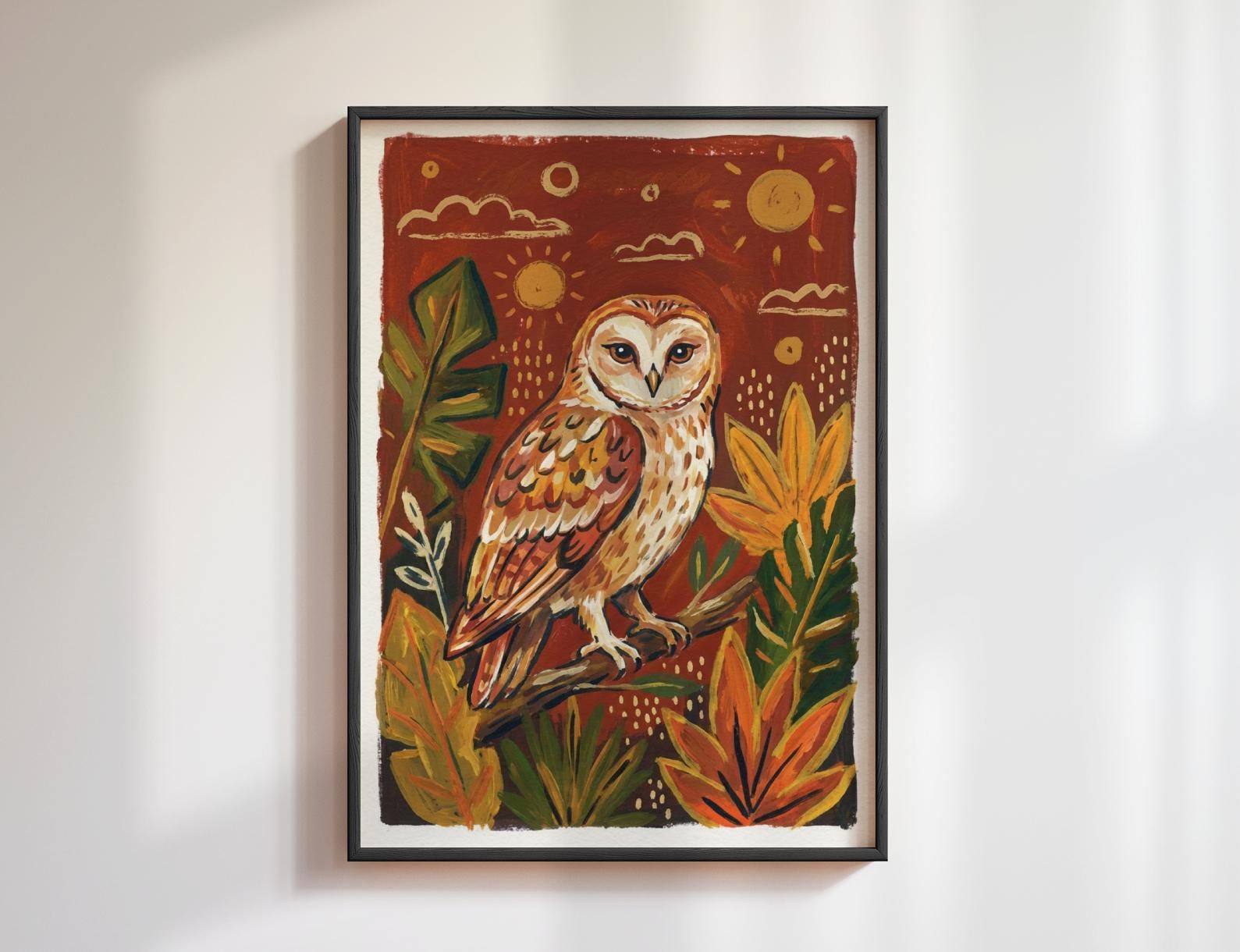Earthy Barn Owl Print, Whimsical Folk Nature Illustration, Bohemian Wall Hanging