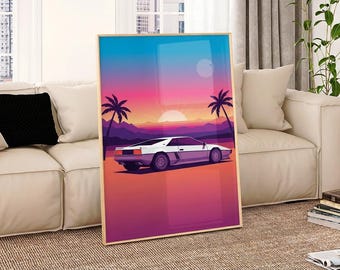 Hiroshi Nagai Synthwave Wall Art, 80s Sports Car, Retrowave Sunset Print for Game Room Decor