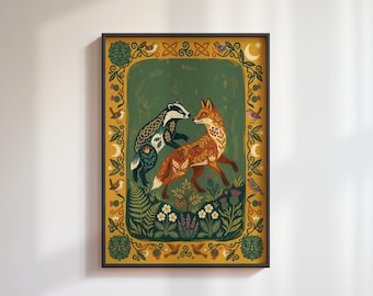 Celtic Fox and Badger Print: Irish Folklore Art, Mustard Woodland Wall Decor