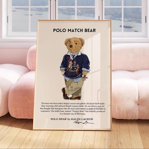 Póster de revista de moda vintage, arte de pared de oso Polo, impresión inspirada en Ralph Lauren, impresión de moda de lujo, póster de dinero antiguo, decoración de pared estética