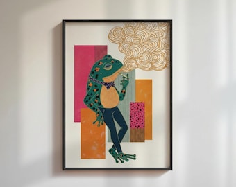 Smoking Frog Print, Psychedelic Retro Wall Art, Cool Anthropomorphic Animal Illustration for Eclectic Decor