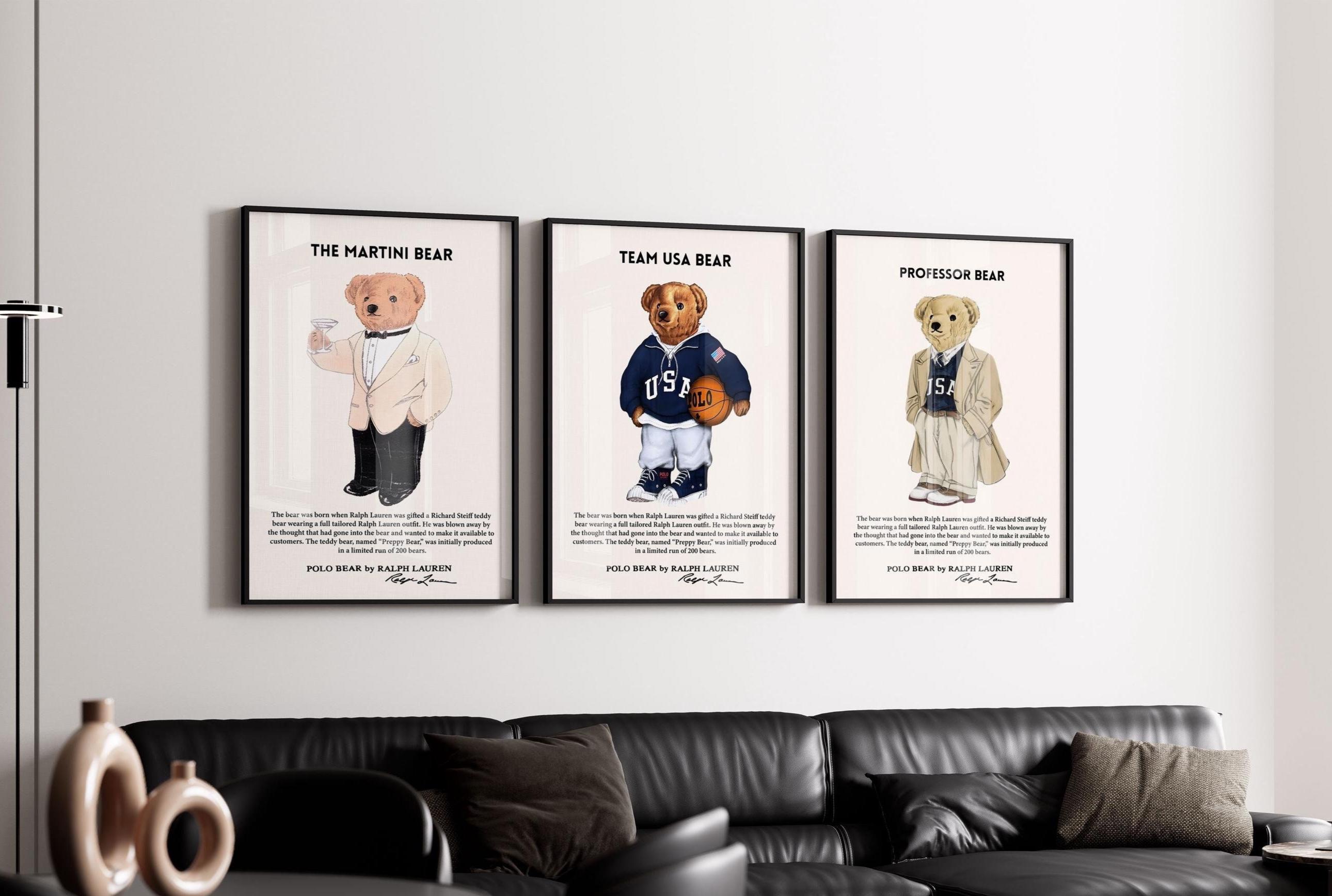 Set of 3 Bear Fashion Wall Art, Vintage Magazine Poster Set, Preppy Aesthetic Printable Decor, Luxury Style Art for Preppy & College Walls