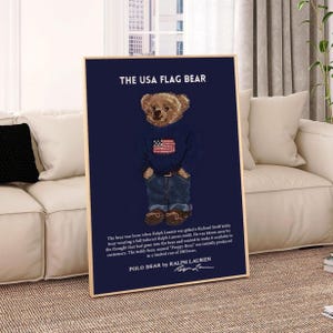 Poster da parete con orso Polo, rivista di moda vintage, poster ispirato a Ralph Lauren, stampa di moda retrò, decorazione estetica di lusso