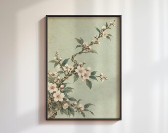 White Blossom Branch Print: Vintage Botanical Watercolor, Spring Floral Wall Art
