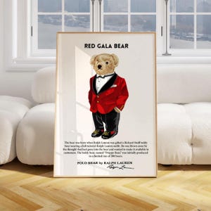 Poster con orsetto in smoking Polo, decorazione da parete con orsetto preppy, stampa in stile Ralph Lauren, decorazione di lusso con orsetto, illustrazione di abito vintage, regalo per lui