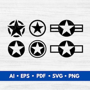 May include: Black star designs in various styles. Includes a five-pointed star within a circle, a star with a border, and a star with horizontal bars. The image also includes the text "AI • EPS • PDF • SVG • PNG".