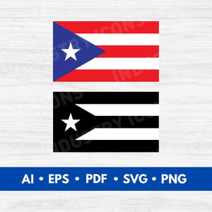以下が含まれることがあります： プエルトリコの国旗の2つのバージョン。上の旗は赤、白、青で、青い三角形と白い星があります。下の旗は黒と白で、白い三角形と白い星があります。