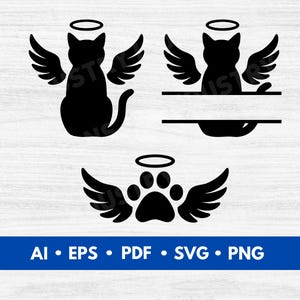 May include: Black silhouette of a cat with angel wings and a halo, a cat with angel wings and a halo with a blank space for text, and a paw print with angel wings and a halo.