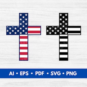 Pode incluir: Dois designs de cruz. Uma cruz apresenta a bandeira americana com cores azul, branco e vermelho. A outra cruz é uma versão a preto e branco do design da bandeira americana. A parte inferior da imagem tem o texto: AI • EPS • PDF • SVG • PNG.