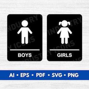 May include: Black rectangular restroom signs with white stick figures. One sign has a male figure and the word "BOYS" below. The other sign has a female figure and the word "GIRLS" below. The bottom of the image has the text "AI • EPS • PDF • SVG • PNG".