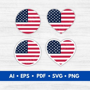 Könnte beinhalten: Vier digitale Schnittdateien mit der amerikanischen Flagge in Kreis- und Herzform. Die Dateien sind in den Formaten AI, EPS, PDF, SVG und PNG verfügbar.