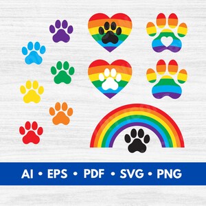 May include: A set of rainbow-colored paw prints and hearts with a rainbow arch and a black paw print. The paw prints and hearts are in various colors of the rainbow, including red, orange, yellow, green, blue, indigo, and violet.