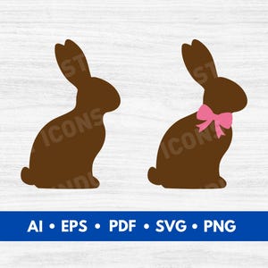 May include: Two brown Easter bunny silhouettes. One bunny is plain, and the other has a pink bow tie. The bunnies are set against a white wood grain background. The bottom of the image has the text "AI • EPS • PDF • SVG • PNG".