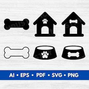 Puede incluir: Un conjunto de cinco archivos de corte SVG con temática de perros en blanco y negro. El conjunto incluye una casa para perros, un hueso y un cuenco para perros. La casa para perros tiene una huella de pata en la puerta. El hueso es una forma de hueso simple. El cuenco para perros tiene una huella de pata en el fondo.