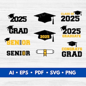 Paquete de vectores de graduación 2025, imágenes prediseñadas de graduación, diseños SVG de birrete y diploma de posgrado, promoción, ¡Felicidades, último año! - Descarga digital