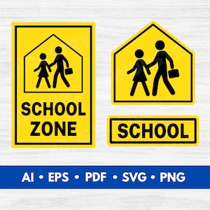 Puede incluir: Señales amarillas de zona escolar con texto e ilustraciones en negro. Los letreros muestran a una persona que sostiene la mano de un niño, caminando bajo un techo en forma de casa. Se muestra el texto "SCHOOL ZONE" y "SCHOOL".