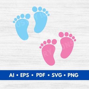 Puede incluir: Dos juegos de huellas de pies de bebé, una azul y una rosa, sobre un fondo blanco de madera.  Se incluyen los formatos de archivo AI, EPS, PDF, SVG y PNG.