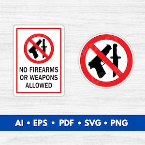 May include: A red and white sign with a diagonal red line through a black silhouette of a gun and knife. The sign reads "No Firearms or Weapons Allowed".