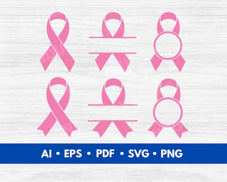 May include: Pink ribbon graphics in various designs, including solid ribbons, ribbons with a horizontal bar, and ribbons with a circle. The image also includes the text "AI &bull; EPS &bull; PDF &bull; SVG &bull; PNG" in a blue bar.