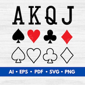 Playing Card Suits Symbols SVG Bundle with A K Q J, Poker Suit Icons, Casino Game Vector Cut Files - Digital Download