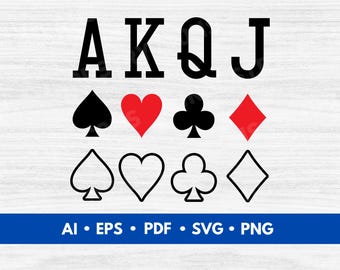 Playing Card Suits Symbols SVG Bundle with A K Q J, Poker Suit Icons, Casino Game Vector Cut Files - Digital Download