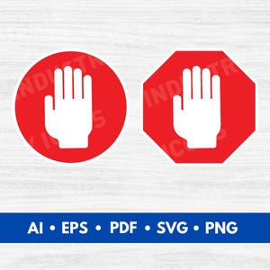 Può includere: Due segnali di stop rossi con una mano bianca al centro, con il palmo rivolto in avanti e le dita divaricate. I segnali hanno la forma di un ottagono e di un cerchio.