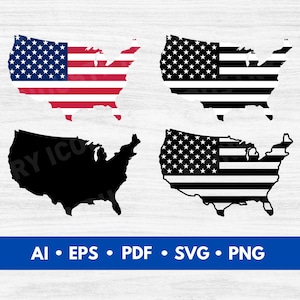 USA Map SVG Bundle, American Flag United States Map Cut File, Patriotic USA Silhouette Clipart - Digital Download