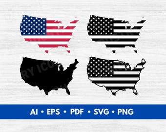 USA Map SVG Bundle, American Flag United States Map Cut File, Patriotic USA Silhouette Clipart - Digital Download