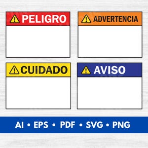 Puede incluir: Cuatro señales de advertencia en blanco con diferentes fondos de color y texto negro. Las señales dicen "PELIGRO", "ADVERTENCIA", "CUIDADO" y "AVISO". Cada señal tiene un triángulo amarillo con un signo de exclamación dentro.