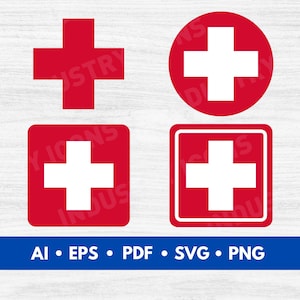 Puede incluir: Cuatro iconos cuadrados y circulares rojos diferentes con una cruz blanca en el centro. Los iconos son para fines médicos o de primeros auxilios.